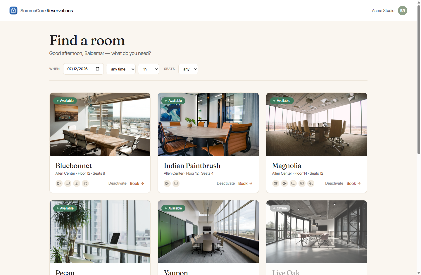 SummaCore Reservations — a room-booking grid with photos, live availability, and a find-a-room filter